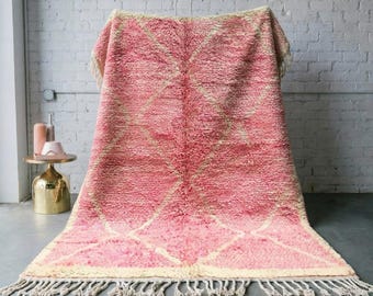 Pink Ivory Beni Ourain Rug | Handmade Moroccan Wool Carpet | Rose Blush Diamond Area Rug | Thick Pile Berber Living Room Rug