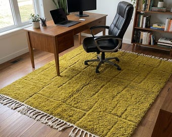 Moroccan Boujaad Rug Chartreuse Olive Tonal Grid | Handmade Wool Berber Carpet | Home Office Study Room Area Rug | Custom Size Available