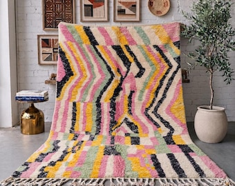 Colorful Moroccan Rug, Handmade Abstract Wool Rug, Pink Yellow Green Berber Area Rug, High Pile Beni Mrirt Carpet, Custom Size Rug