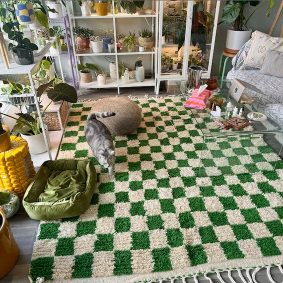 Green Checkerboard Moroccan Rug - Handmade Wool Carpet | Boho