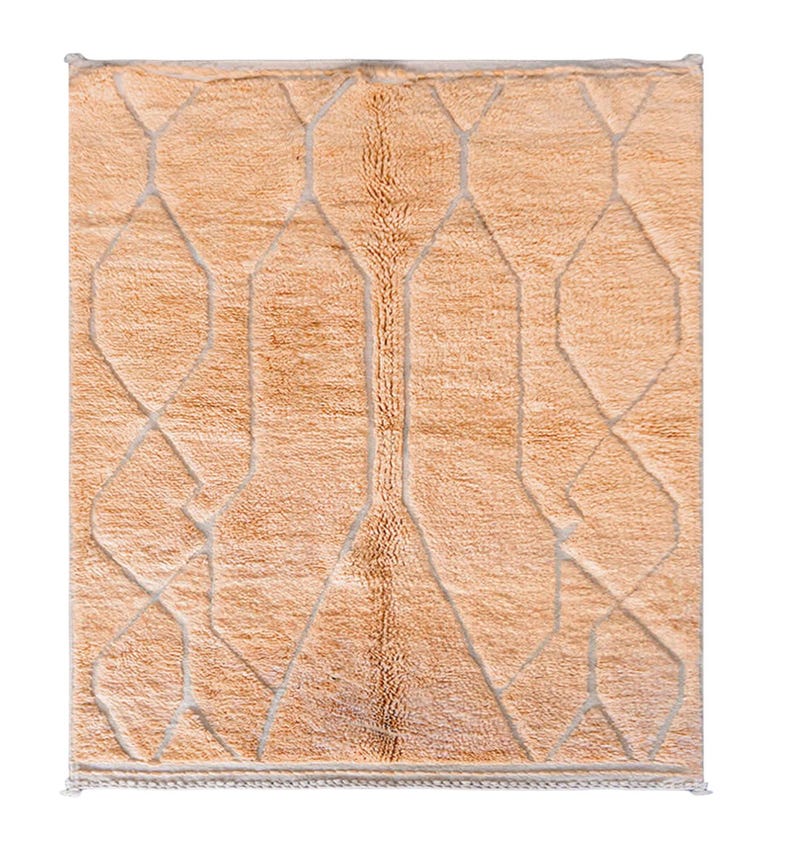 Minimalist Moroccan rug in a warm peach shade with modern geometric lines, perfect for Pinterest-inspired interiors. Handmade soft wool texture for cozy bedroom decor, stylish living rooms, or aesthetic content creator setups. This rug screams soft luxury, quiet comfort, and effortless viral style. Ideal for boho homes, apartment styling, and Instagram-worthy vibes.