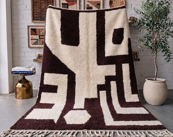 Dark Brown Ivory Moroccan Rug, Zinfandel  Handmade Abstract Wool Rug, Geometric Area Rug, High Pile Beni Mrirt Carpet, Custom Size Rug