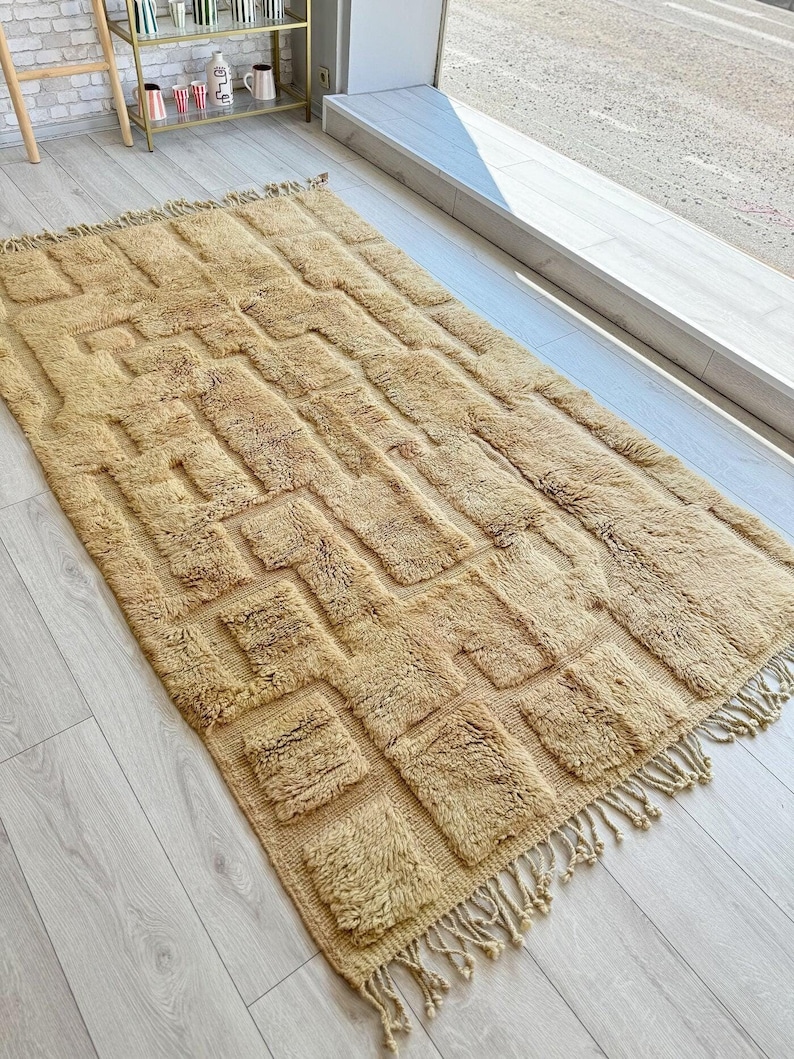 Moroccan wool rug cream and navy rug minimalist line pattern modern shag carpet handmade Moroccan decor cozy living room rug wool floor rug bohemian style rug Moroccan style decor modern rug luxurious wool carpet home decor contemporary decor rug