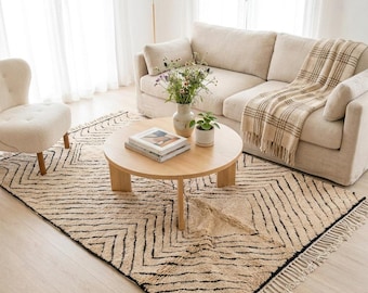 Light Brown Beni Ourain Rug, Black Moroccan Wool Area Rug, Geometric Berber Carpet, Handmade Minimalist Modern Rug