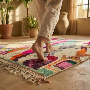 A vibrant, high-pile handmade Moroccan wool rug displayed in a bright industrial studio against a white brick wall. The rug features an eclectic, abstract tribal design with bold splashes of neon pink, teal green, orange, royal blue, and charcoal grey on a natural cream base. The patterns include geometric shapes, abstract figures, and spontaneous color blocking. The rug showcases a thick, plush shaggy texture and authentic hand-knotted cream tassels at the bottom.