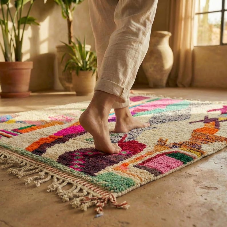 A vibrant, high-pile handmade Moroccan wool rug displayed in a bright industrial studio against a white brick wall. The rug features an eclectic, abstract tribal design with bold splashes of neon pink, teal green, orange, royal blue, and charcoal grey on a natural cream base. The patterns include geometric shapes, abstract figures, and spontaneous color blocking. The rug showcases a thick, plush shaggy texture and authentic hand-knotted cream tassels at the bottom.