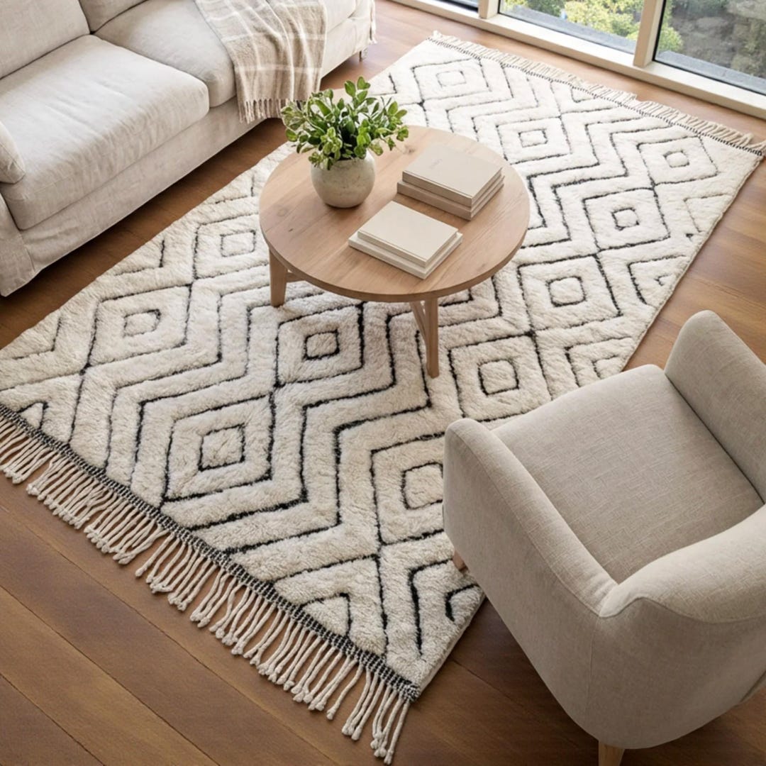 Handmade Beni Ourain Rug – Ivory & Black Geometric Moroccan Wool Rug ...