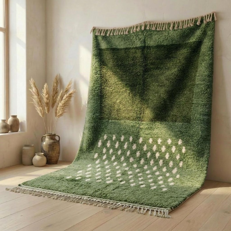 A plush handwoven Moroccan Berber rug in a rich moss green. The thick wool carpet features a solid dark green band near the top and a lighter mossy green base beautifully adorned with small, cream-colored geometric diamond motifs at the bottom. It is draped elegantly against a white painted brick wall next to a gold accent table with trailing ivy, perfectly capturing a warm, earthy, and organic modern interior design aesthetic.