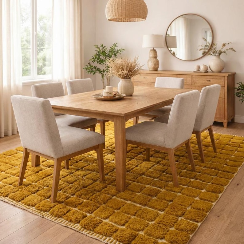 Large handmade Moroccan high-pile shag rug in saturated Thai curry mustard-gold, displayed vertically against a white brick wall. Surface features a tone-on-tone square grid pattern formed through pile variation — raised mustard squares separated by recessed ivory cream channel lines across the entire field. Dense, plush, curly wool pile texture throughout. Knotted braided ivory fringe along the top hem edge and long hand-tied ivory fringe along the bottom edge.