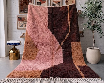 Dusty Rose Burgundy Moroccan Rug, Handmade Abstract Wool Rug, Modern Berber Area Rug, High Pile Carpet, Custom Size Living Room Rug