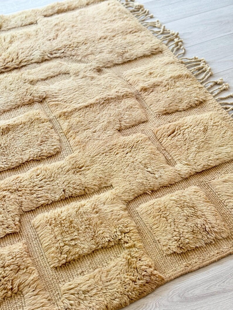 Moroccan wool rug cream and navy rug minimalist line pattern modern shag carpet handmade Moroccan decor cozy living room rug wool floor rug bohemian style rug Moroccan style decor modern rug luxurious wool carpet home decor contemporary decor rug