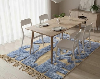 Sky Blue Beige Abstract Moroccan Rug | Handmade Wool Berber Carpet | Scandi Dining Room Area Rug | Custom Size