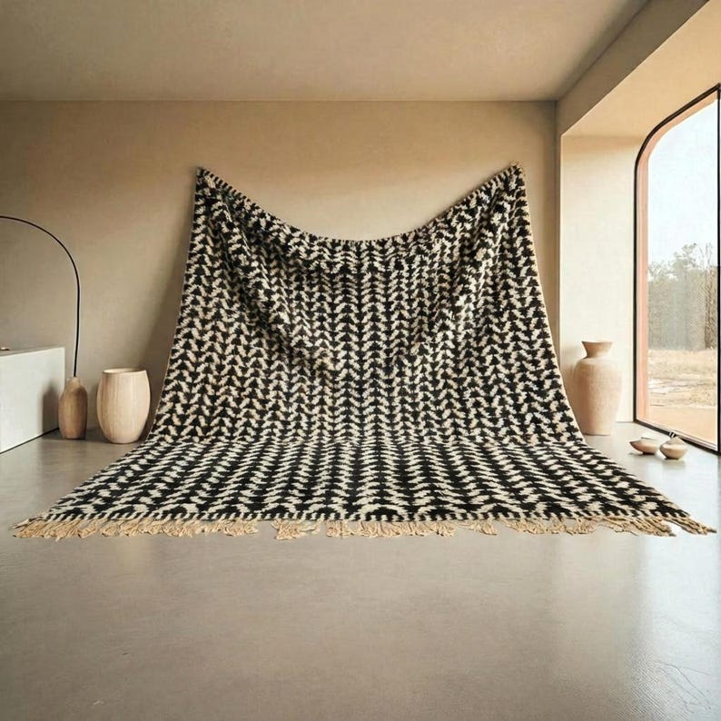 Draped Rug Images Handmade Moroccan Wool Rug | Black Ivory Allover Zigzag Berber Pattern ...