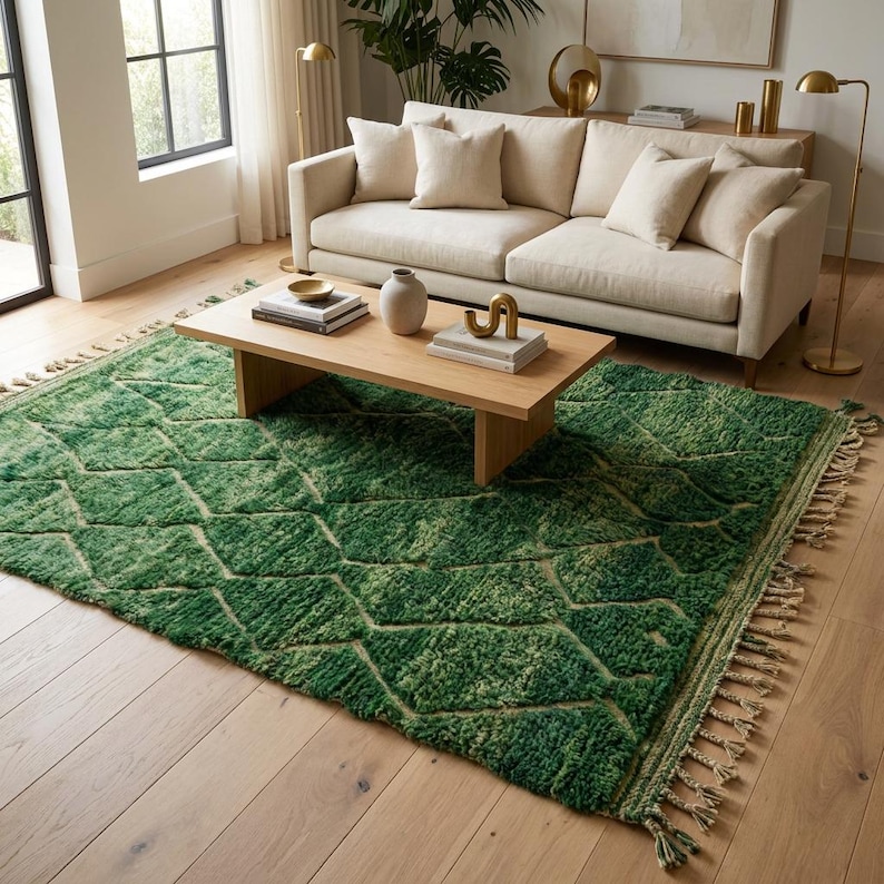 Handmade Moroccan wool rug featuring a rich green background with soft ivory geometric lines forming large irregular diamond and abstract lattice shapes. Individually hand-knotted by skilled Amazigh artisans in the Atlas Mountains using 100% natural sheep wool, its thick plush high pile adds exceptional softness, warmth, and handcrafted depth. Finished with natural ivory fringes, this bold statement rug complements organic modern, contemporary, boho, eclectic, mid-century interiors.