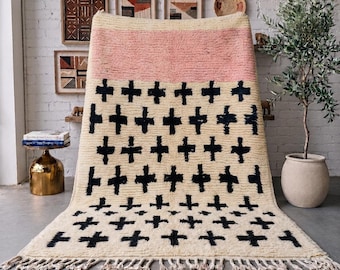 Blush Pink Moroccan Rug, Handmade Ivory Black Wool Rug, Geometric Berber Area Rug, High Pile Wool Carpet, Custom Size Living Room Rug