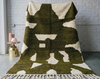 Moroccan Rug Forest Green Ivory Bold Abstract Art | Handmade Wool Berber Carpet | Dark Green Living Room Area Rug | Custom Size