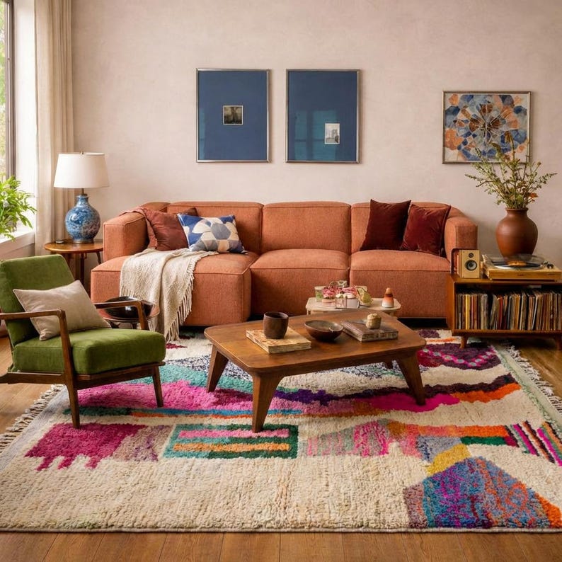 Colorful Moroccan wool rug in a boho living room, featuring an ivory base with abstract patchwork blocks in pink, orange, green, burgundy, black, yellow, and mint, plus playful linear motifs and braided ivory fringes. The rug has a plush high pile and hand-knotted texture, styled under a round rattan coffee table with a cream sofa, earthy pillows, woven pouf, plants, macramé wall art, and warm natural light. A vibrant Azilal rug for boho, eclectic, kids room, and creative interiors.