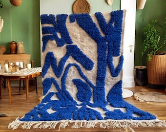 Blue Morrocan Rug, Rug for living room, Area Rug 8x10, Striped Tufted rugs, Moroccan Rug Handmade, Wool Beni Ourain Rug, berber Rug, , Gifts