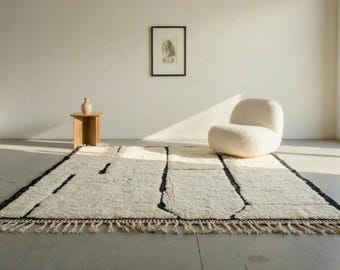 Modern Marokkaans tapijt - minimalistisch berberwollen tapijt - crème zwarte lijnkunst tapijt - groot geometrisch abstract tapijt - aangepast hoogpolig shag-tapijt