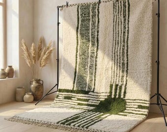 Ivory Olive Green Moroccan Wool Rug, Geometric Berber Carpet, Handmade High Pile Area Rug, Organic Modern Living Room Decor, Custom Size