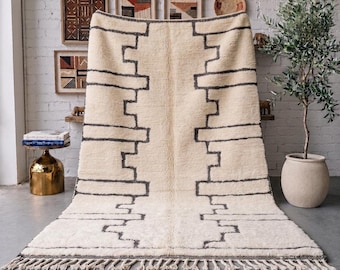 Ivory Black Moroccan Rug, Handmade Geometric Wool Rug, Minimalist Berber Area Rug, High Pile Beni Ourain Carpet, Custom Size Living Room Rug
