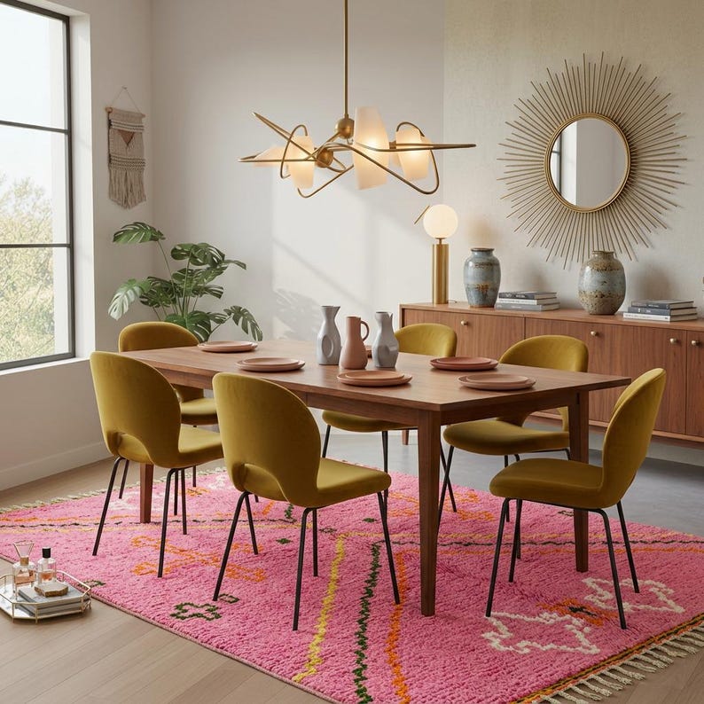 A plush, handwoven Moroccan Boujad rug featuring a vibrant hot pink base adorned with neon orange crosses, white diamonds, and green zigzag geometric patterns. The brightly colored wool carpet is draped elegantly against a white painted brick wall next to a gold accent table with pink pillar candles, perfectly capturing a playful maximalist and dopamine decor aesthetic.