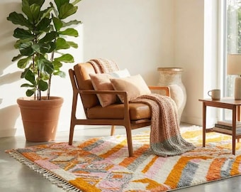 Moroccan Rug Orange Pink Gray Ivory Abstract Boho | Handmade Wool Berber Carpet | Mid-Century Living Room Area Rug | Custom Size