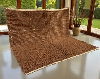 【新品】153cm×86cm モロッコ　ベニワレン　ウール　ブラウン　生成り 6x9 モロッコ絨毯 - 手織り天然羊毛 - 3Dテクスチャー ベニワレン絨毯