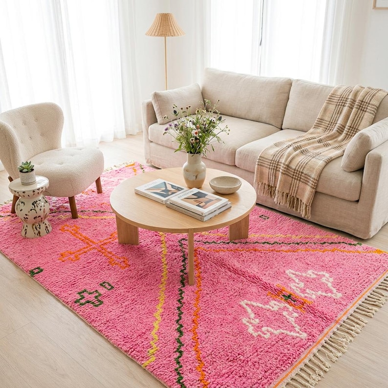 A plush, handwoven Moroccan Boujad rug featuring a vibrant hot pink base adorned with neon orange crosses, white diamonds, and green zigzag geometric patterns. The brightly colored wool carpet is draped elegantly against a white painted brick wall next to a gold accent table with pink pillar candles, perfectly capturing a playful maximalist and dopamine decor aesthetic.