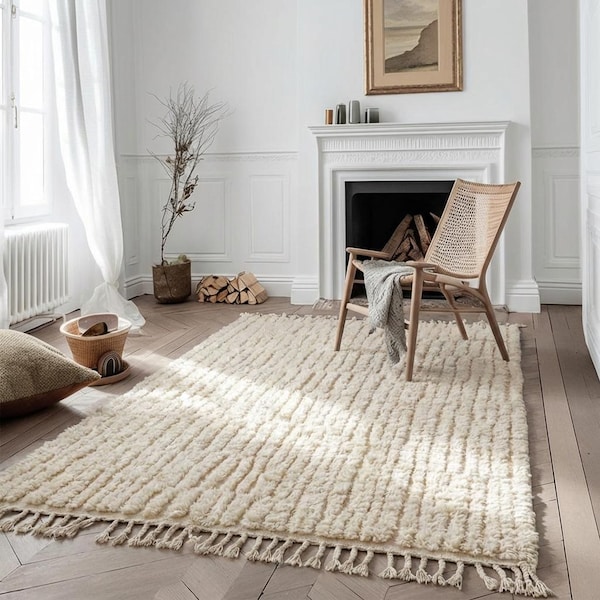 Cream Moroccan Rug | Textured Ivory Ribbed Wool Carpet | Neutral Minimalist Decor | Custom Handmade Berber High Low Pile