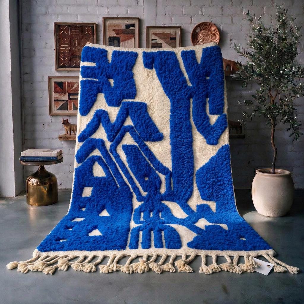 Cobalt Blue Moroccan Wool Rug, Ivory Abstract Berber Carpet