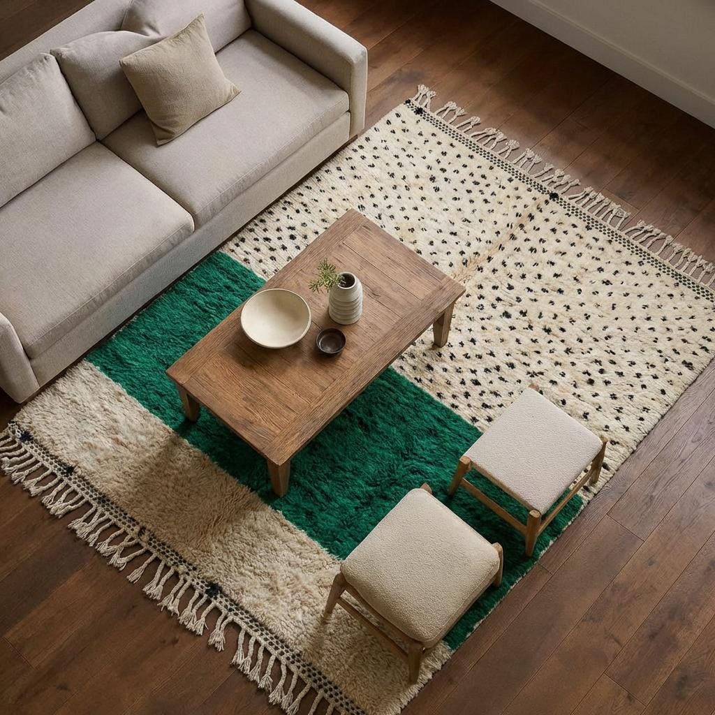 Emerald Green Azilal Rug, Moroccan Wool Area Rug, Ivory Color