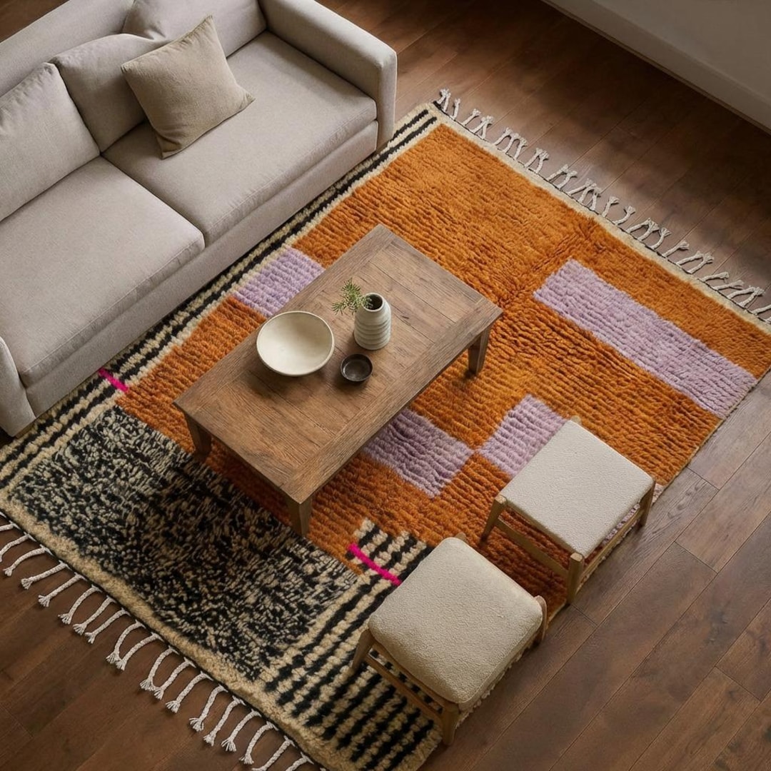 Burnt Orange Azilal Rug, Lavender and Black Moroccan Wool Carpet
