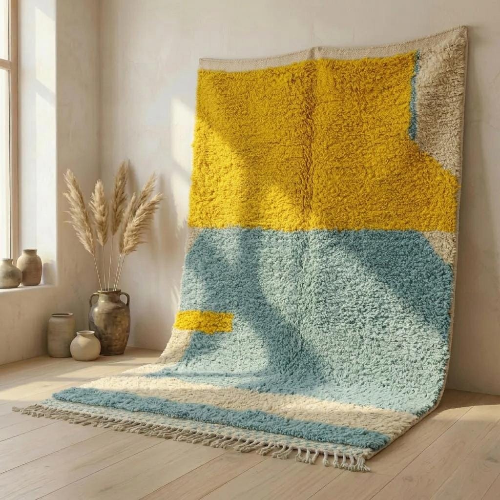 【新品・未使用】F.C.R.B. RUG MAT 21aw Yellow Blue Abstract Moroccan Rug, Handmade Wool Beni Mrirt Rug