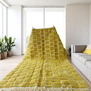 Yellow Moroccan Wool Rug – Handmade Checkered Berber Carpet – Geometric Modern Decor – Bright Wool Area Rug for Living Room