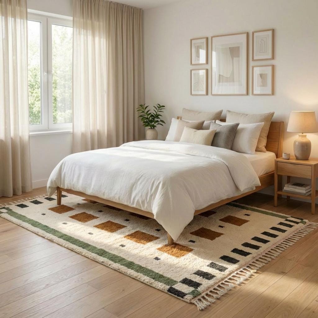 Ivory Azilal Rug With Cognac Squares, Moroccan Wool Area Rug