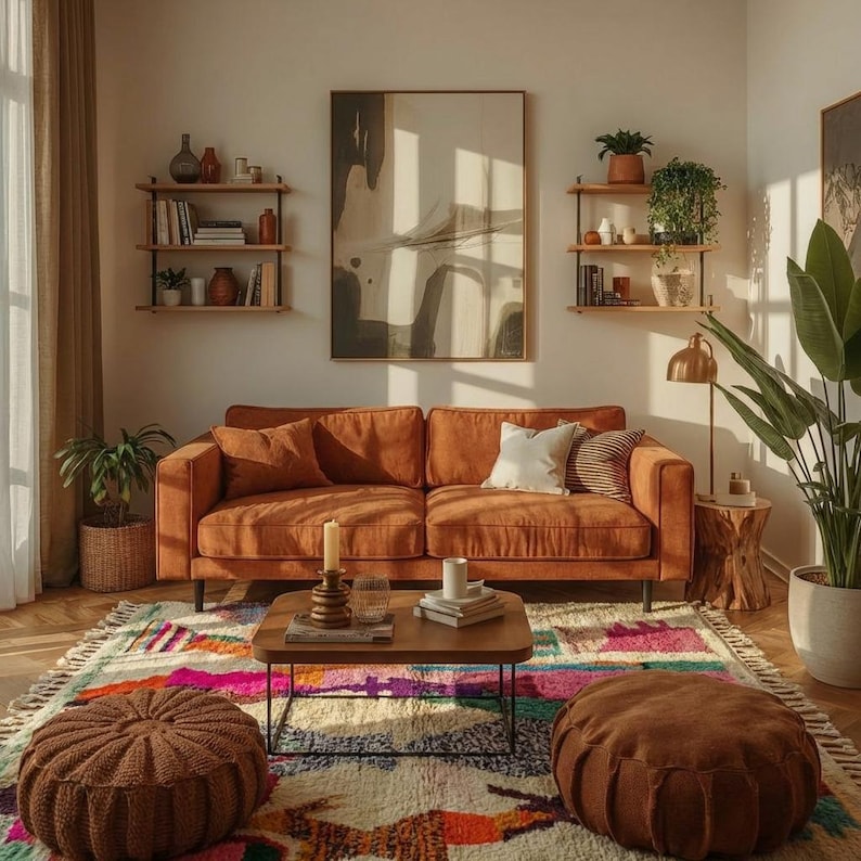 Colorful Moroccan wool rug in a boho living room, featuring an ivory base with abstract patchwork blocks in pink, orange, green, burgundy, black, yellow, and mint, plus playful linear motifs and braided ivory fringes. The rug has a plush high pile and hand-knotted texture, styled under a round rattan coffee table with a cream sofa, earthy pillows, woven pouf, plants, macramé wall art, and warm natural light. A vibrant Azilal rug for boho, eclectic, kids room, and creative interiors.