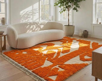 Orange Abstract Moroccan Rug – Beni Ourain Wool Carpet – Handmade Boho Berber Tapestry – Modern Tribal Floor Decor