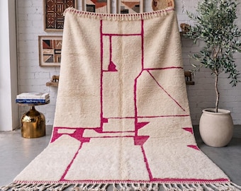 Ivory Fuchsia Moroccan Rug, Handmade Abstract Wool Rug, Pink Geometric Berber Area Rug, High Pile Beni Mrirt Carpet, Custom Size Wool Rug