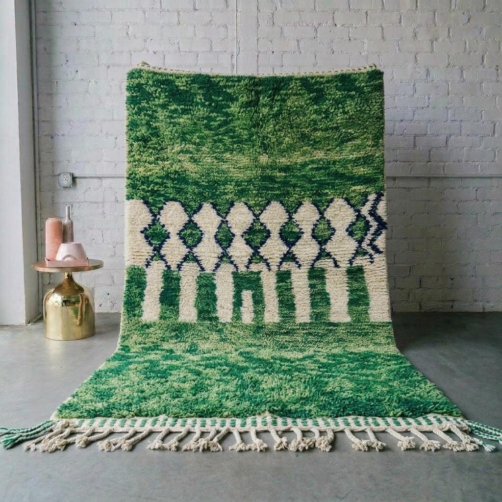 Green Beni Mrirt Moroccan Wool Rug, Emerald Diamond Pattern Carpet