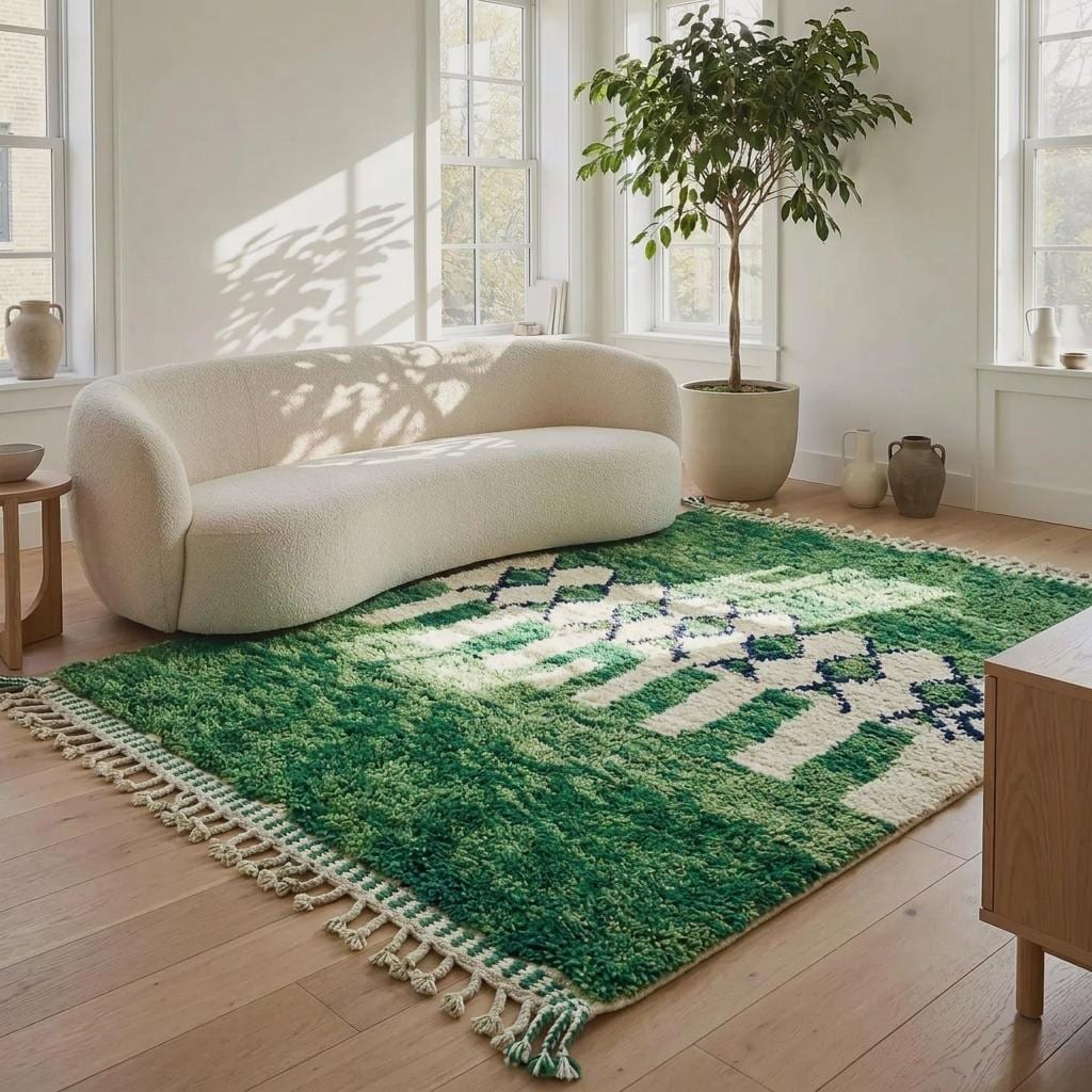 Forest Green Moroccan Rug, Handmade Wool Berber Carpet, Emerald