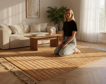 Terracotta Moroccan Rug – Handmade Wool Area Rug, Modern Abstract Beni Ourain Style, Warm Earthy Berber Rug, Custom Wool Living Room Rug