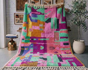 Colorful Abstract Moroccan Rug, Pink Wool Berber Rug, Modern Handmade Rug, Geometric Moroccan Carpet, Contemporary Area Rug