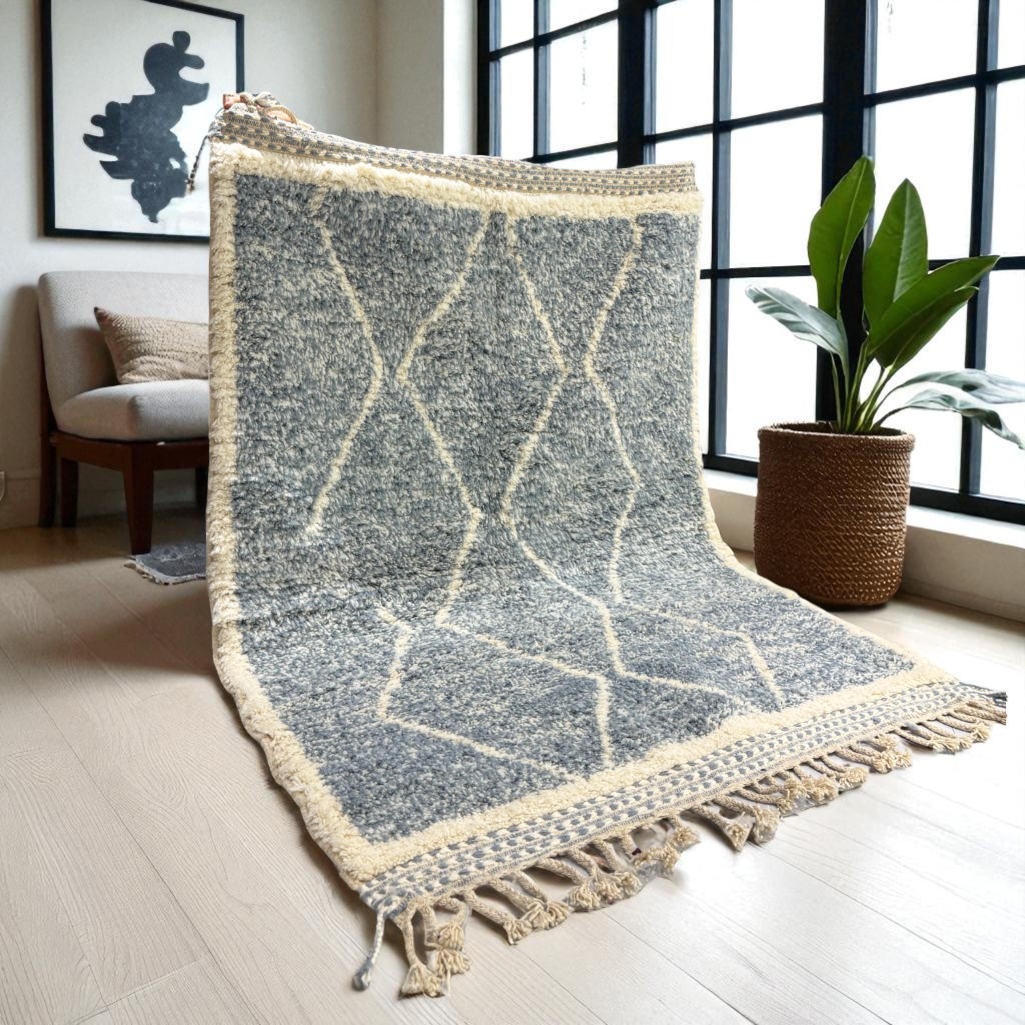 Moroccan Wool Area Rug – Blue Grey & White Beni Ourain Carpet – Handwoven Berber Diamond Rug – Boho Minimalist Wool Floor Decor - Wool Rugs