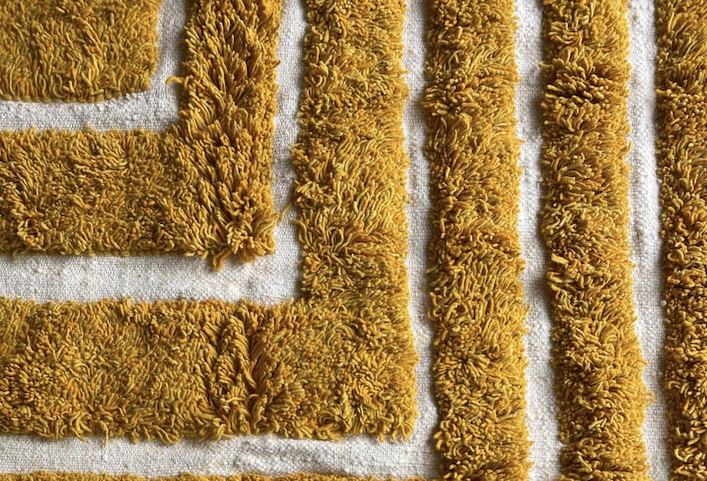 Yellow rug Handwoven rug Shaggy texture Moroccan style Geometric pattern Bohemian decor Cozy rug Soft texture Artisan rug Modern boho Statement piece Living room decor Bold design Striped rug Plush rug Warm tones Handmade rug Earthy colors Vintage