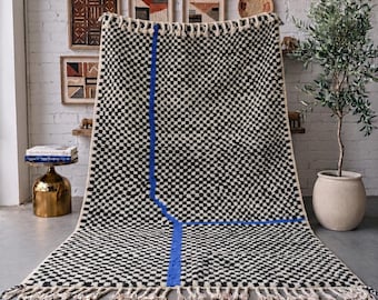 Black Ivory Moroccan Rug, Handmade Checkerboard Wool Rug, Cobalt Blue Accent Berber Area Rug, High Pile Beni Mrirt Carpet, Custom Size Rug