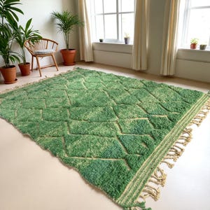 Green Moroccan wool rug with cream diamond lattice pattern, handmade in Beni Ourain style. Styled in a bright modern boho room with plants, rattan furniture, and natural light. The rug has a plush texture, tribal design, and fringe details, making it perfect for earthy, creative, or minimalist interiors. Crafted by Berber artisans, it's soft, thick, and ethically made using traditional weaving techniques.