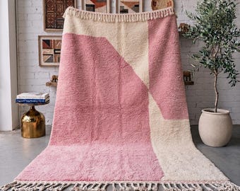 Dusty Pink Ivory Moroccan Wool Rug, Abstract Berber Carpet, Handmade High Pile Area Rug, Organic Modern Living Room Decor, Custom Size