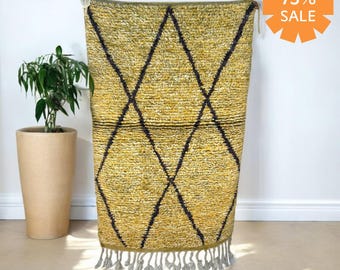 Area rug, Handmade Moroccan Berber Rug - Yellow Diamond Pattern, Boho Home Decor, Cozy Home Decor, shaggy area rug, boho chic, Gift for mom