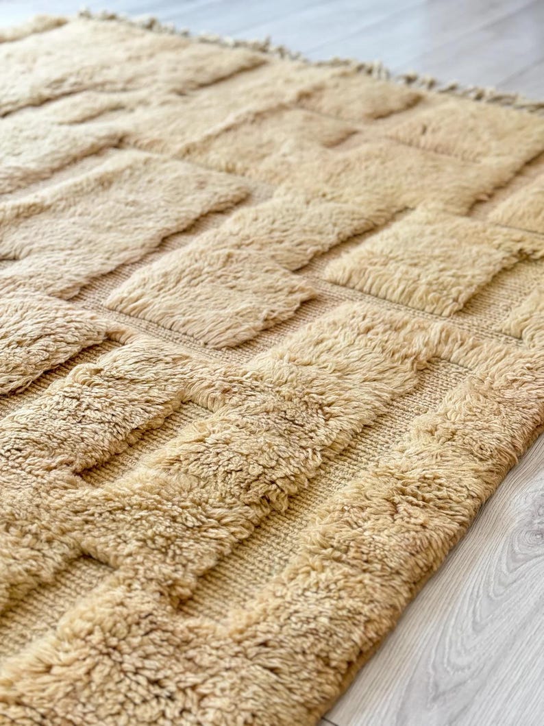 Moroccan wool rug cream and navy rug minimalist line pattern modern shag carpet handmade Moroccan decor cozy living room rug wool floor rug bohemian style rug Moroccan style decor modern rug luxurious wool carpet home decor contemporary decor rug